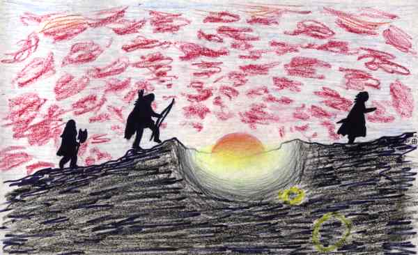 Gimli, Legolas und Aragorn rennen in den Sonnenuntergang  © Eriassa